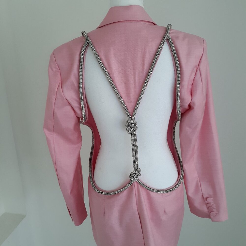 Light Pink Braided Crystal Chain Cut Out Back Blazer
